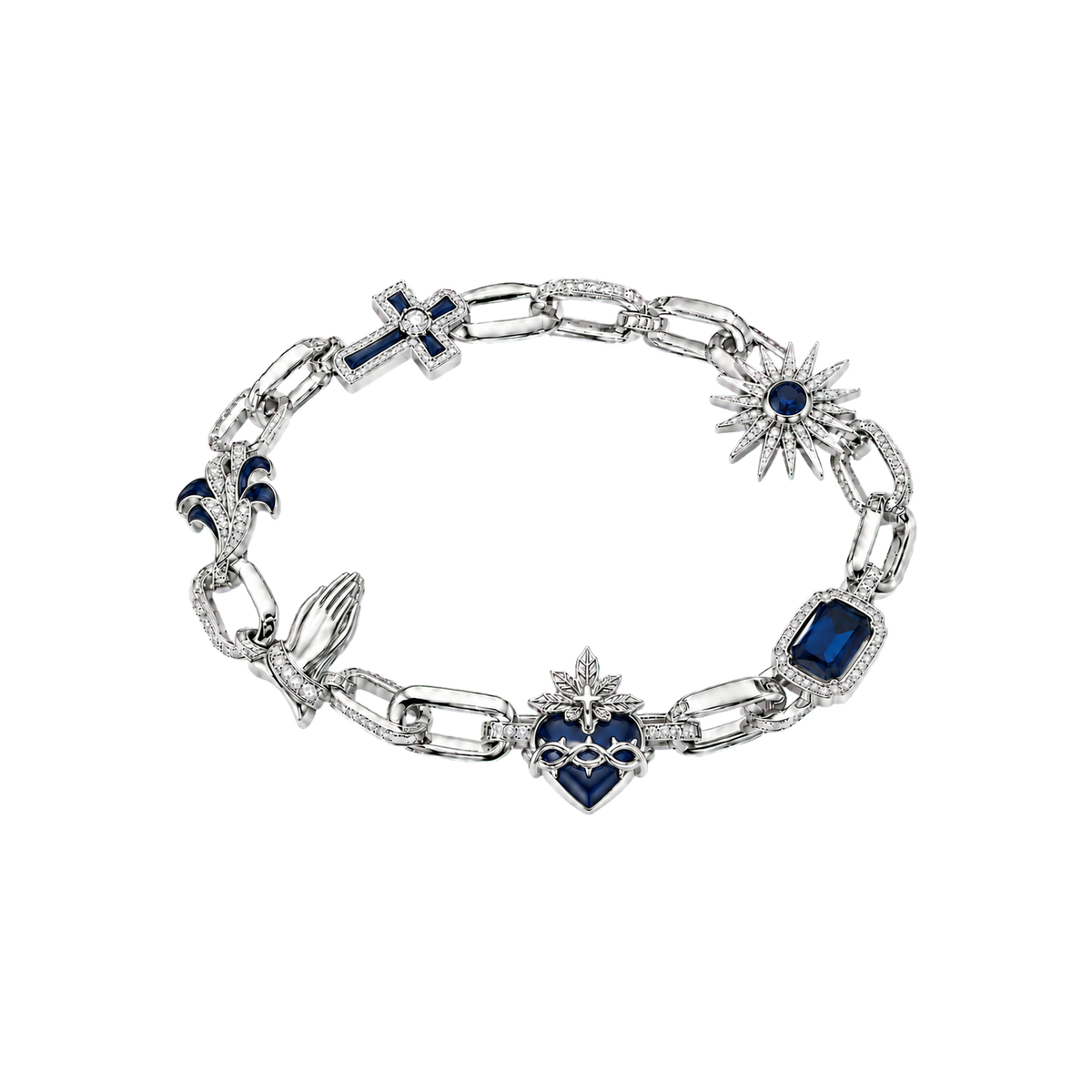 Silver Sacred Reliquary Bracelet with devotional blue charms