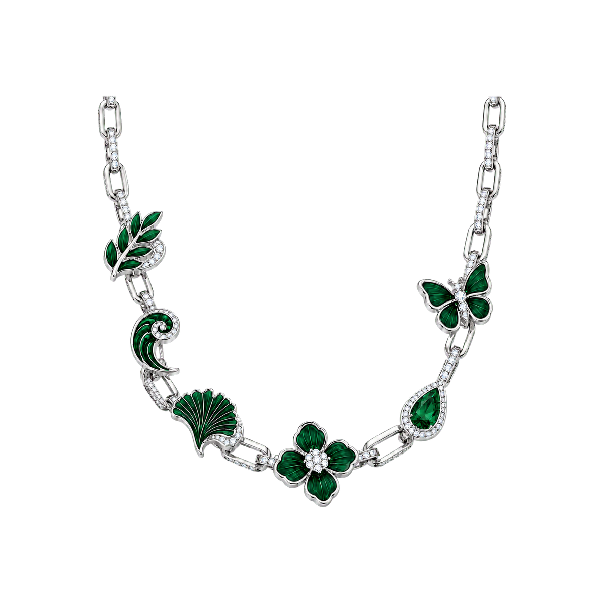 Silver Verdant Reliquary Necklace with green nature charms