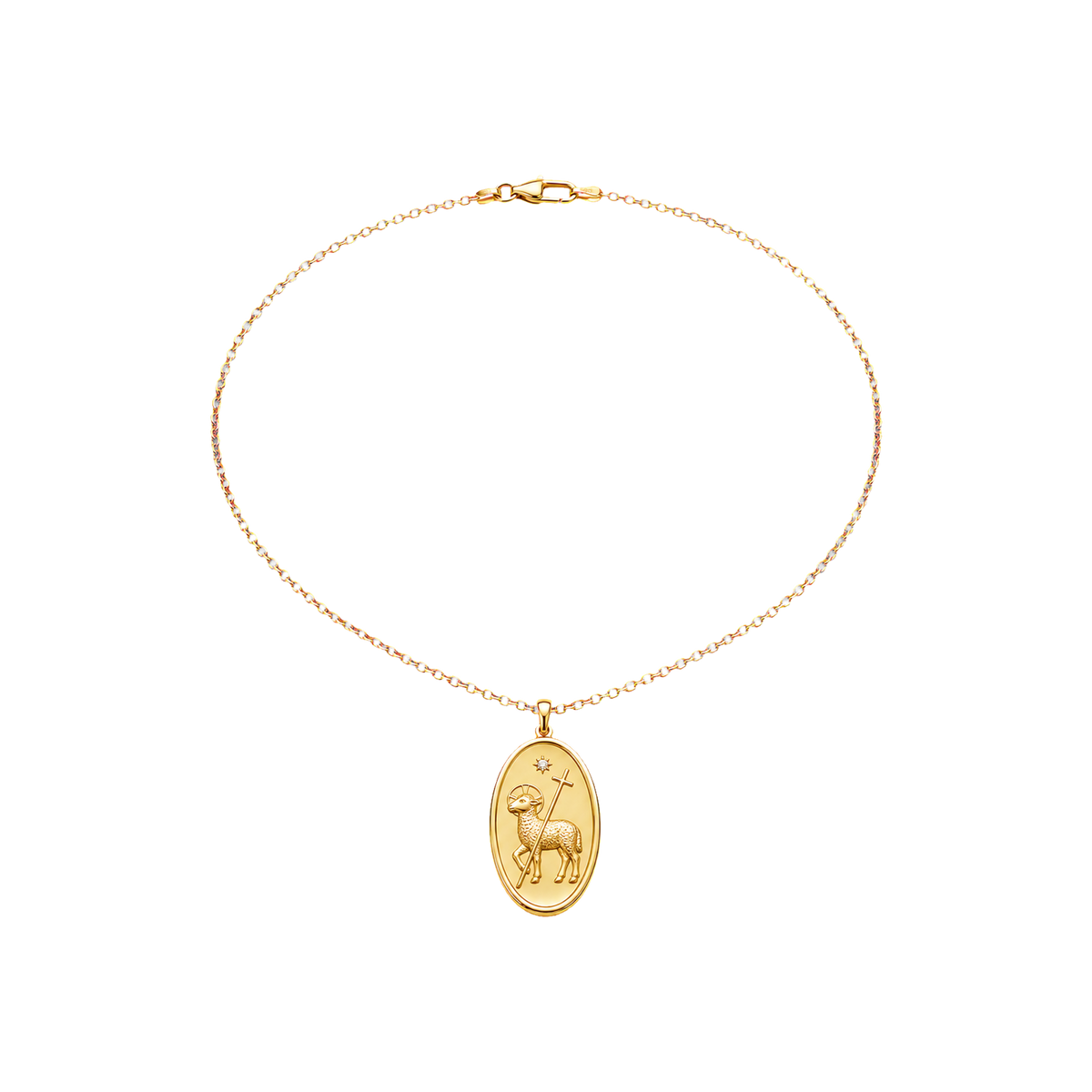 Gold Agnus Dei Medallion Necklace with Lamb and cross-staff