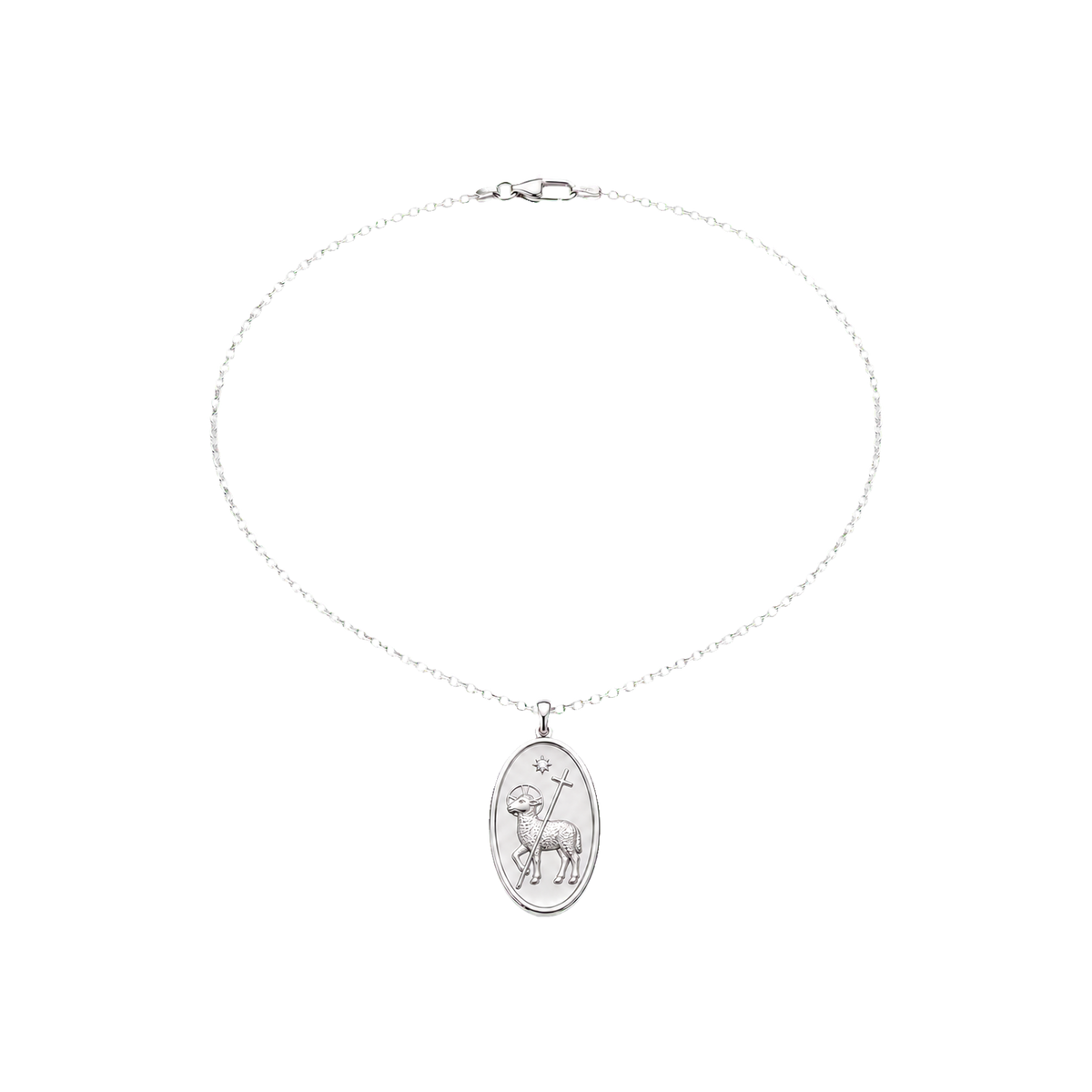Silver Agnus Dei Medallion Necklace with Lamb and cross-staff