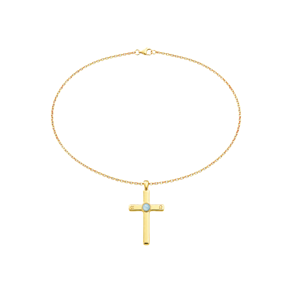 Gold Alpha Omega Cross Necklace with pale blue cabochon