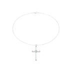 Silver Alpha Omega Cross Necklace with pale blue cabochon