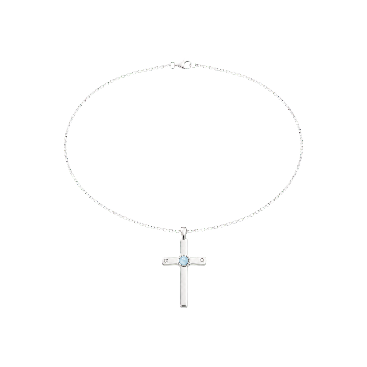 Silver Alpha Omega Cross Necklace with pale blue cabochon