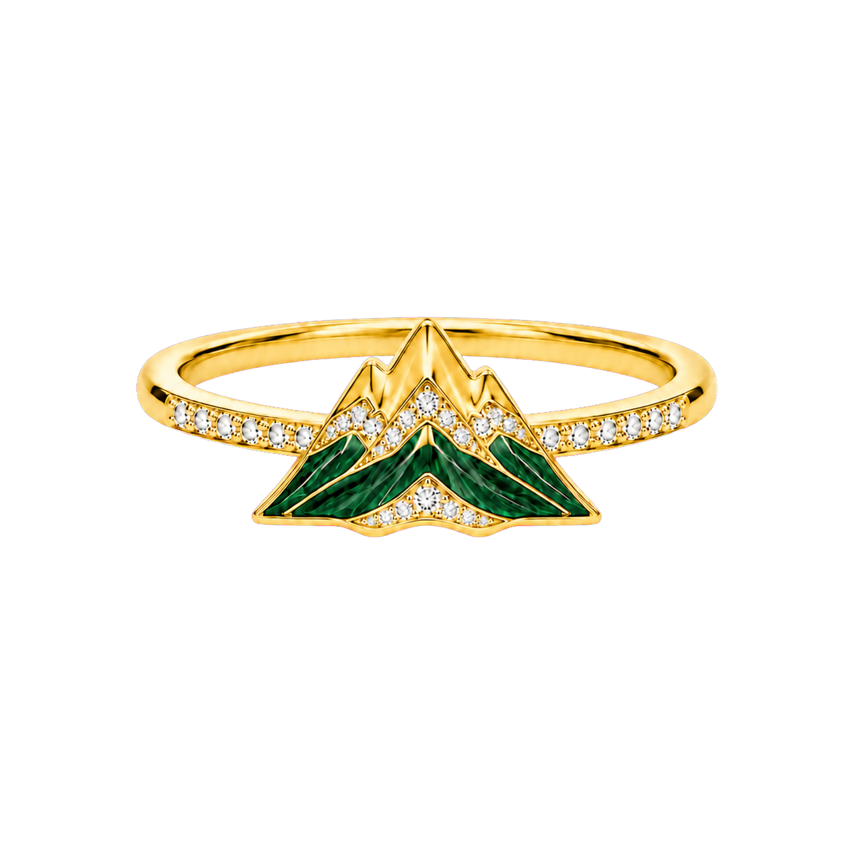 Gold Alpine Reliquary Ring with green mountain enamel and colorless diamonds