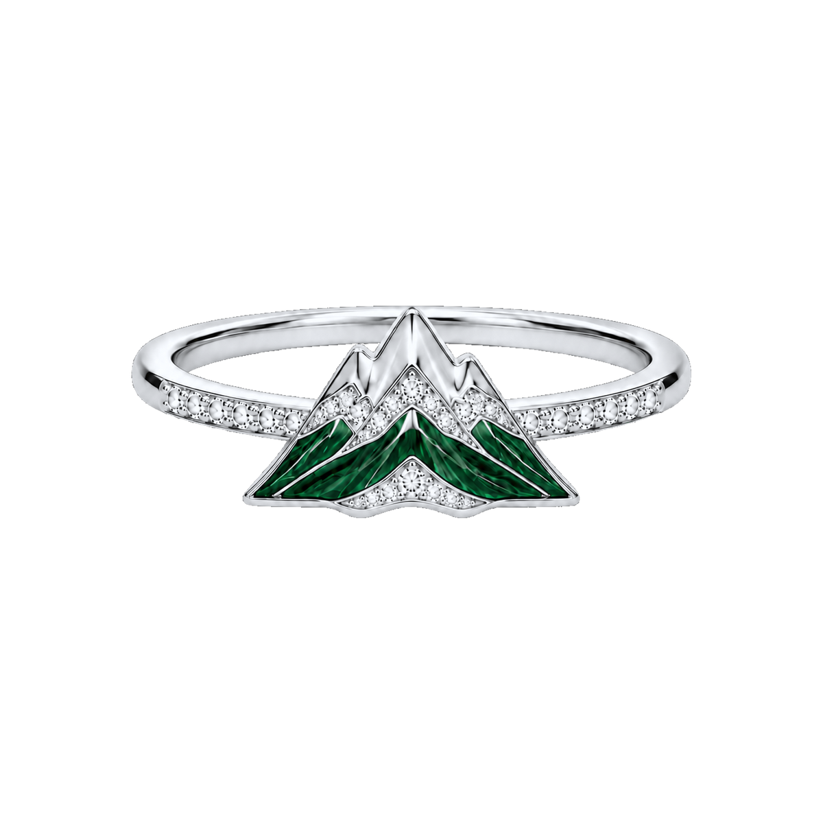 Silver Alpine Reliquary Ring with green mountain motif