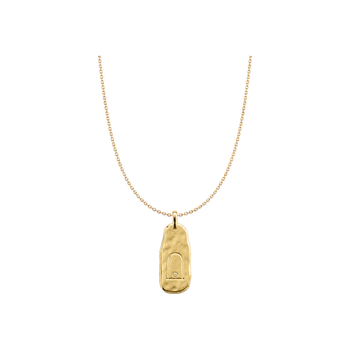 Gold Archive Key Necklace with engraved doorway pendant and clear stone