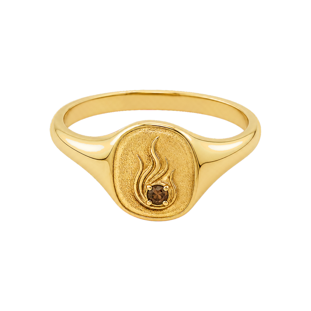 Gold Ash Signet Ring with softened crest and smoky stone