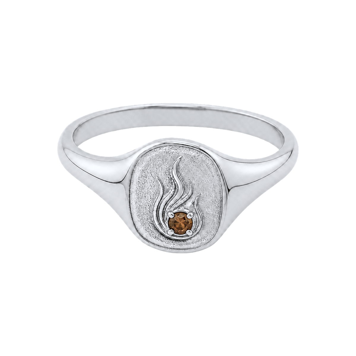Silver Ash Signet Ring with softened crest and smoky stone