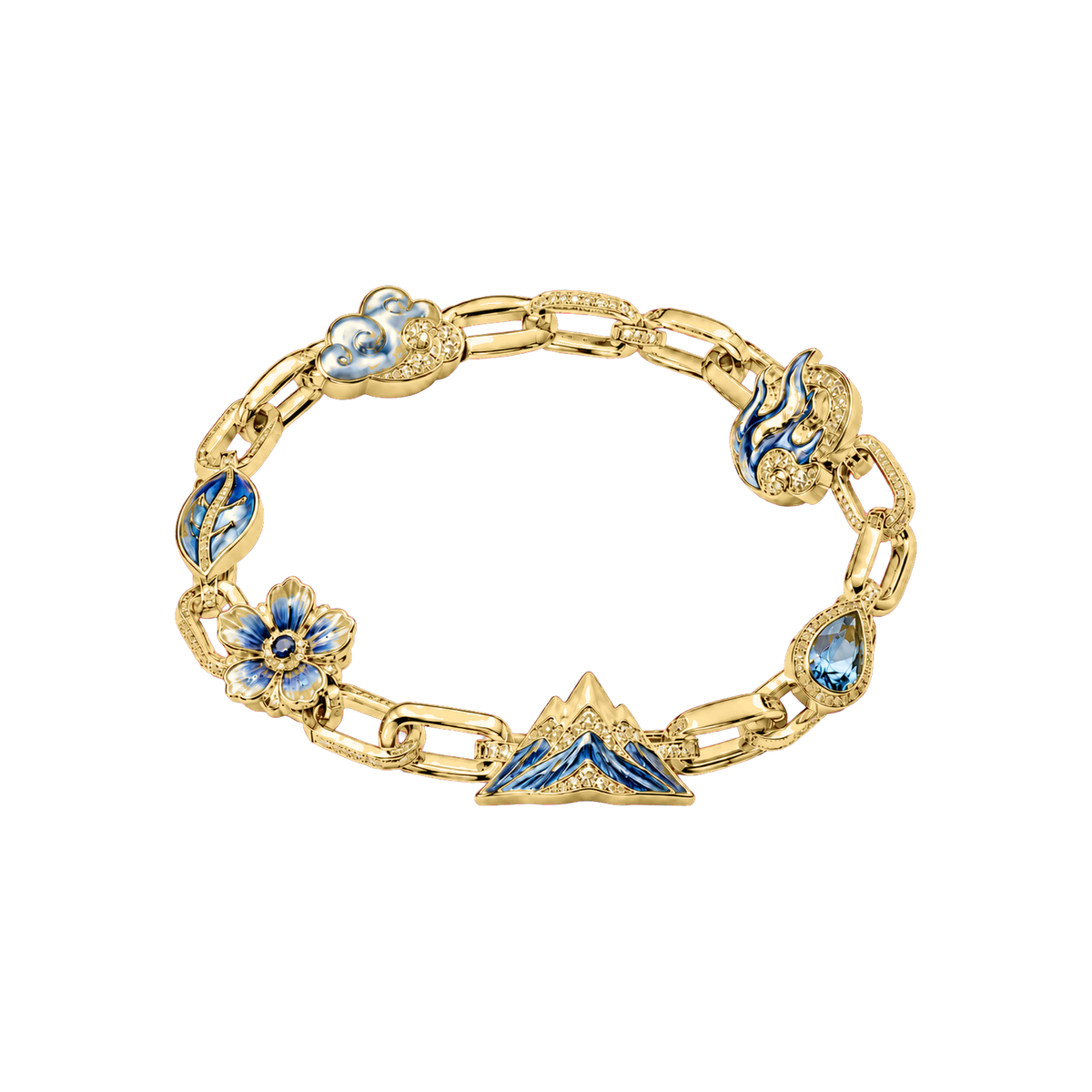 Gold Celestial Reliquary Bracelet with blue symbolic charms