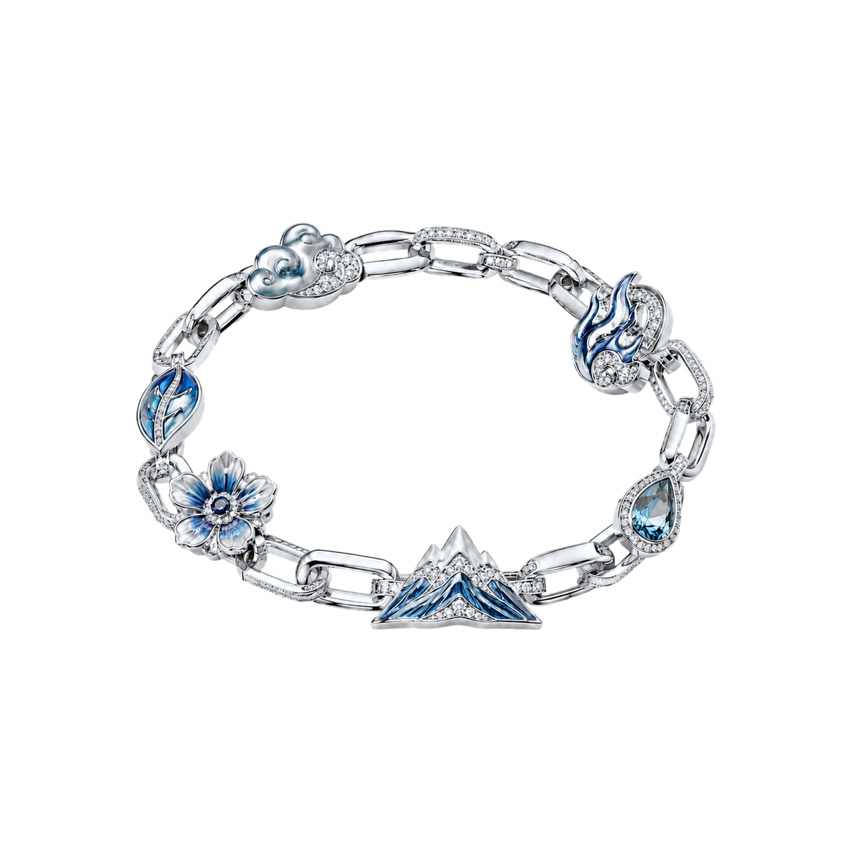 Silver Celestial Reliquary Bracelet with blue symbolic charms