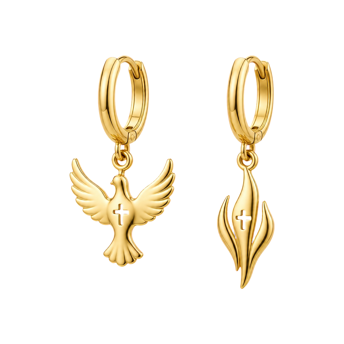 Pair of Gold Dove and Flame Huggies with cross details