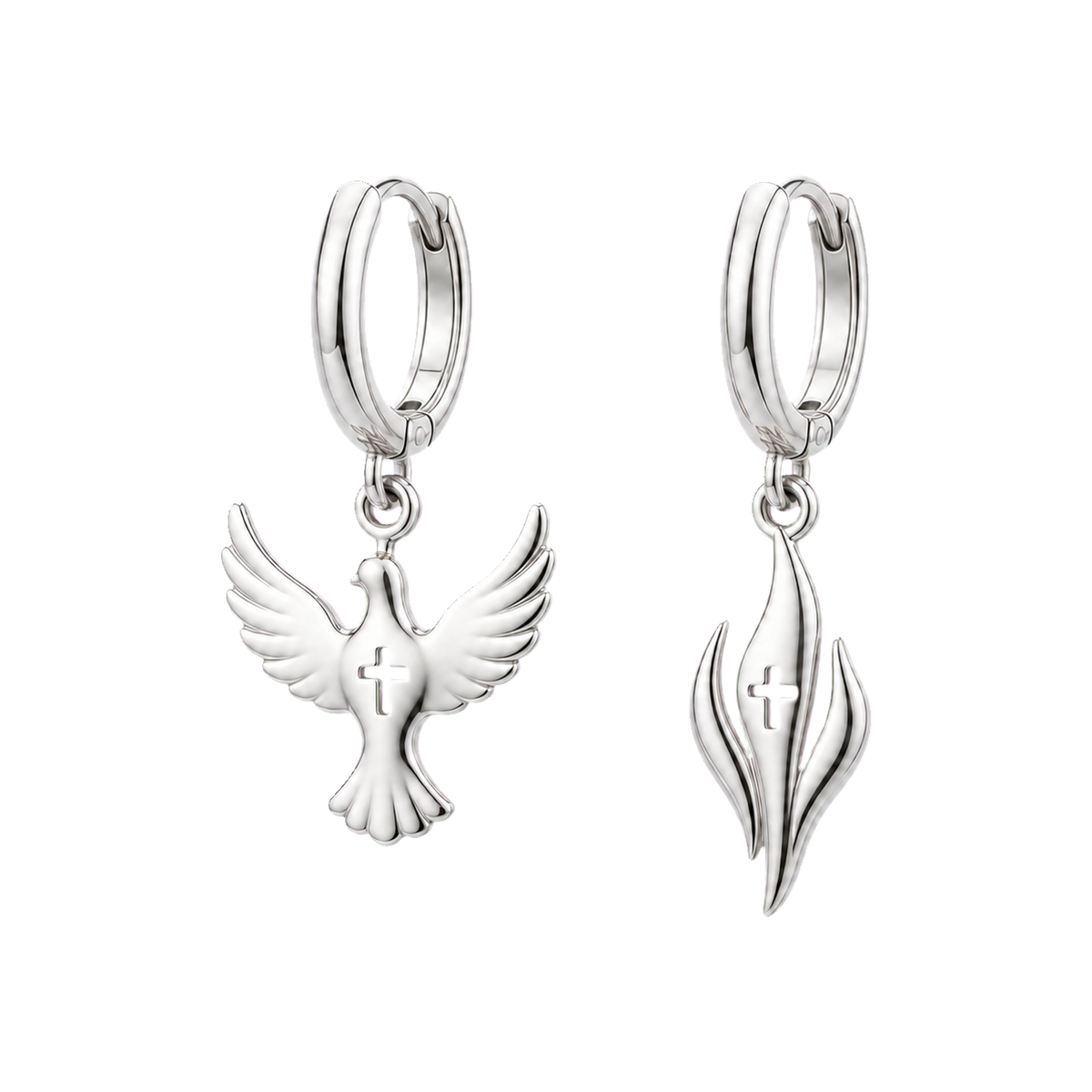 Pair of Silver Dove and Flame Huggies with cross details