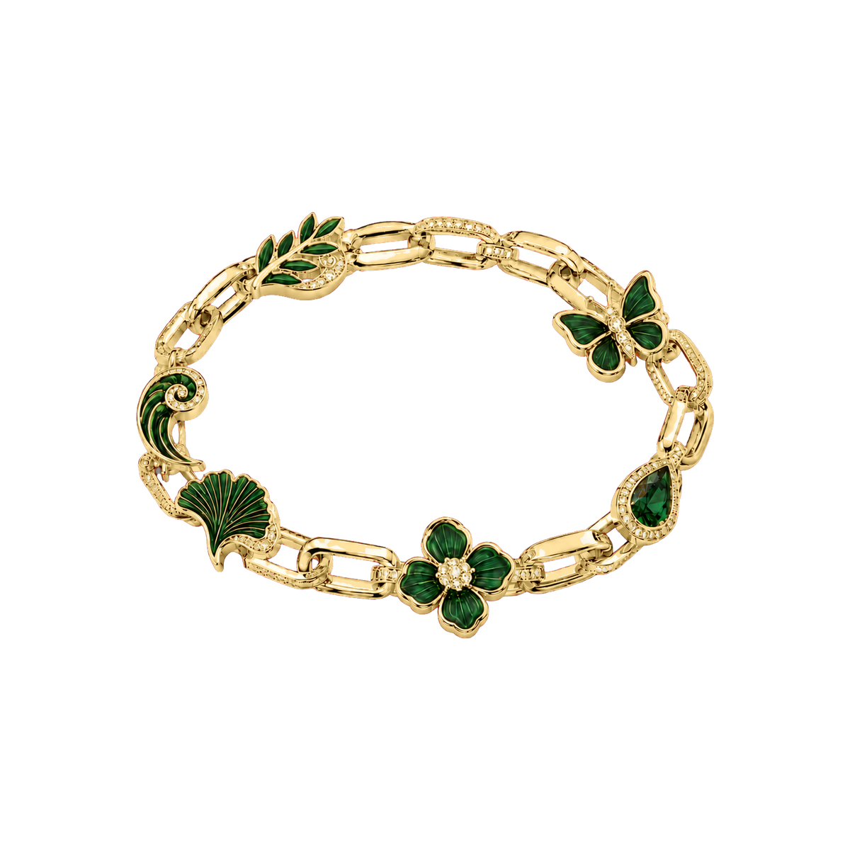Gold Eden Reliquary Bracelet with green botanical charms