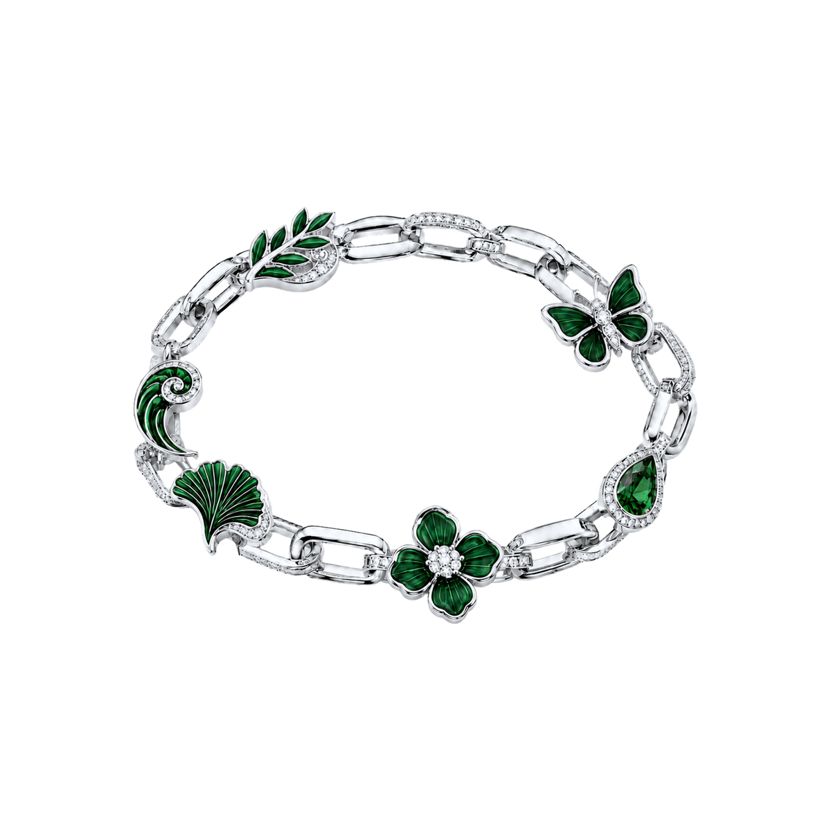 Silver Eden Reliquary Bracelet with green botanical charms