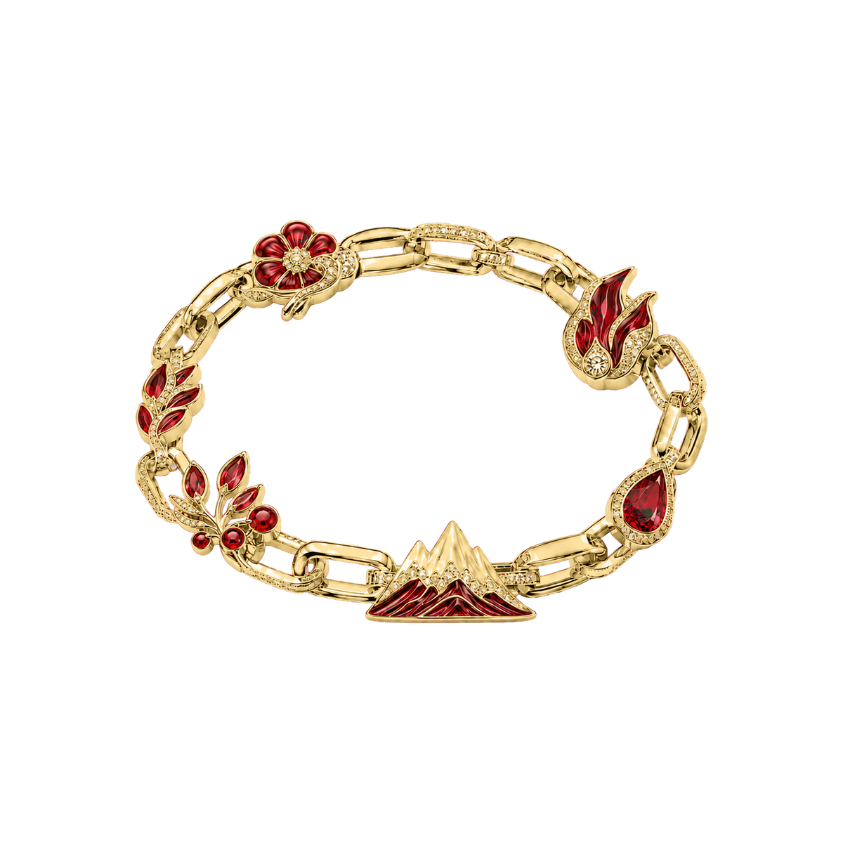 Gold Ember Reliquary Bracelet with red flame and mountain charms