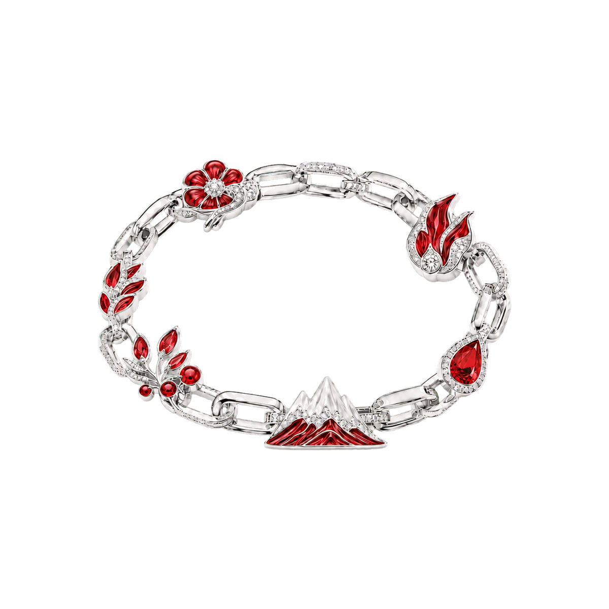 Silver Ember Reliquary Bracelet with red rubies, red flame and colorless diamonds