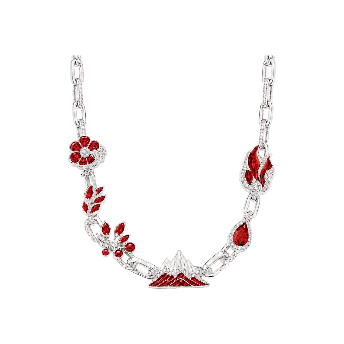 Silver Ember Reliquary Necklace with red rubies, red flame and colorless diamonds