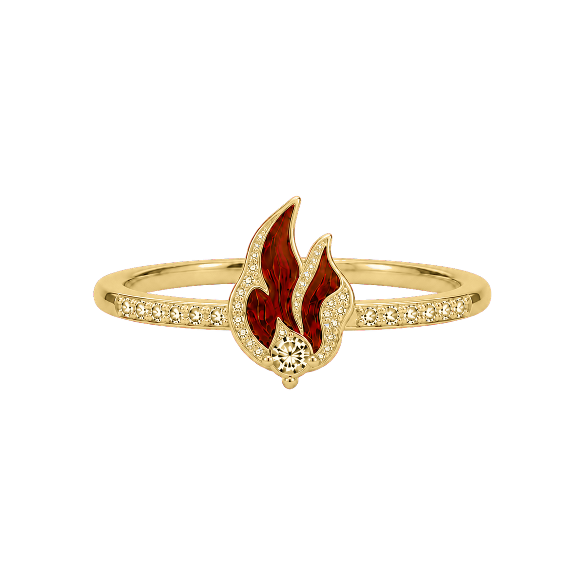 Gold Ember Reliquary Ring with red flame motif