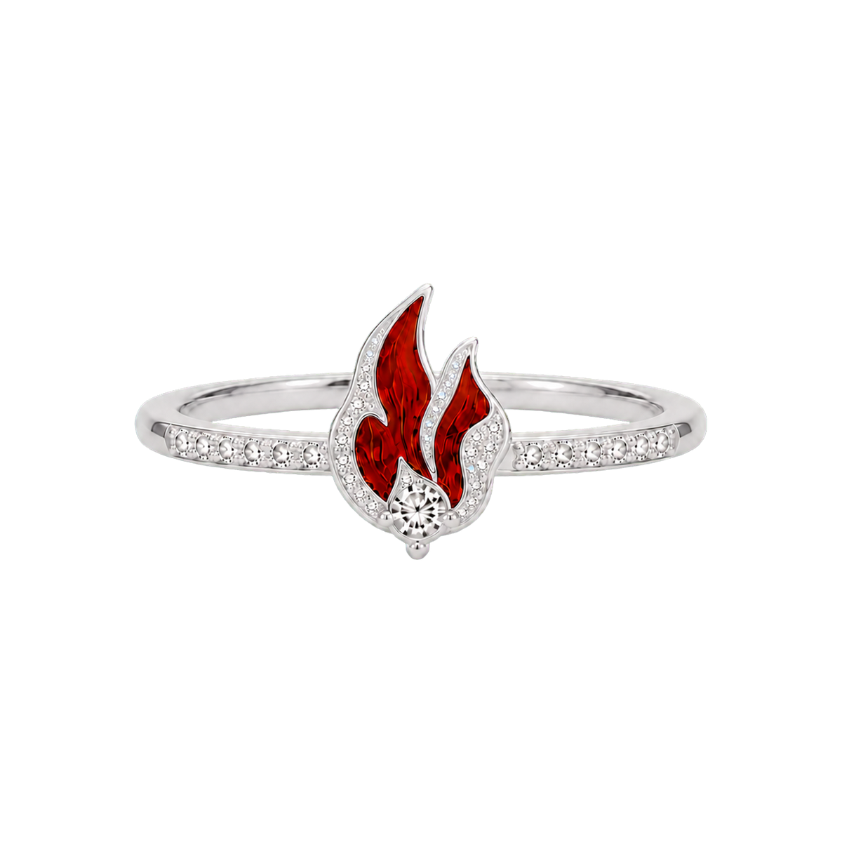 Silver Ember Reliquary Ring with red flame enamel and colorless diamonds