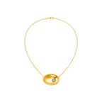 Gold Eternal Well Necklace with concave oval medallion and pale blue stone
