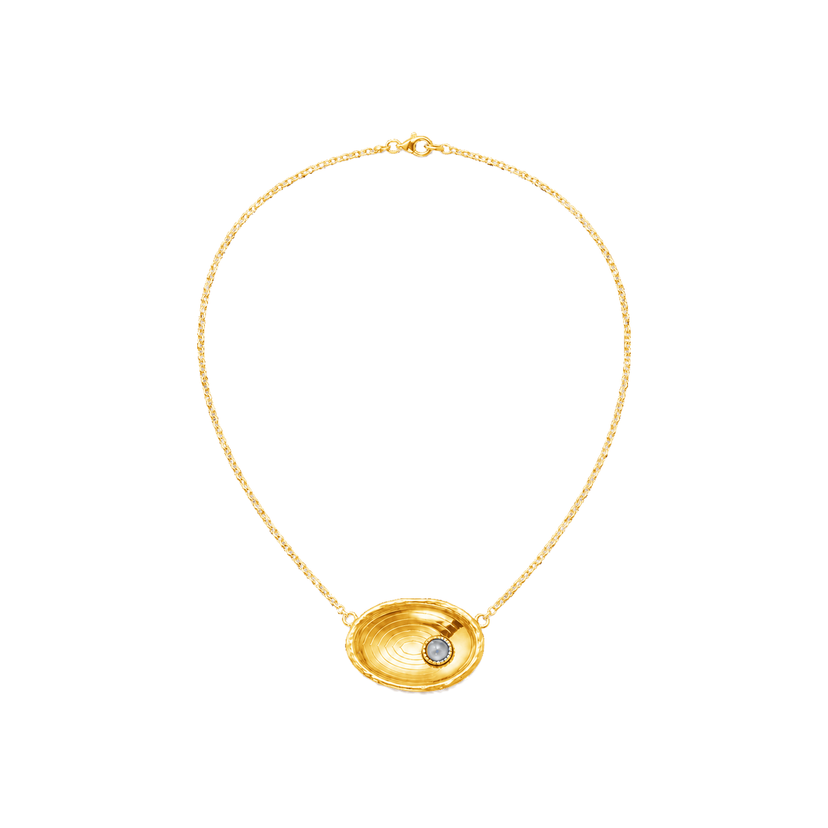Gold Eternal Well Necklace with concave oval medallion and pale blue stone