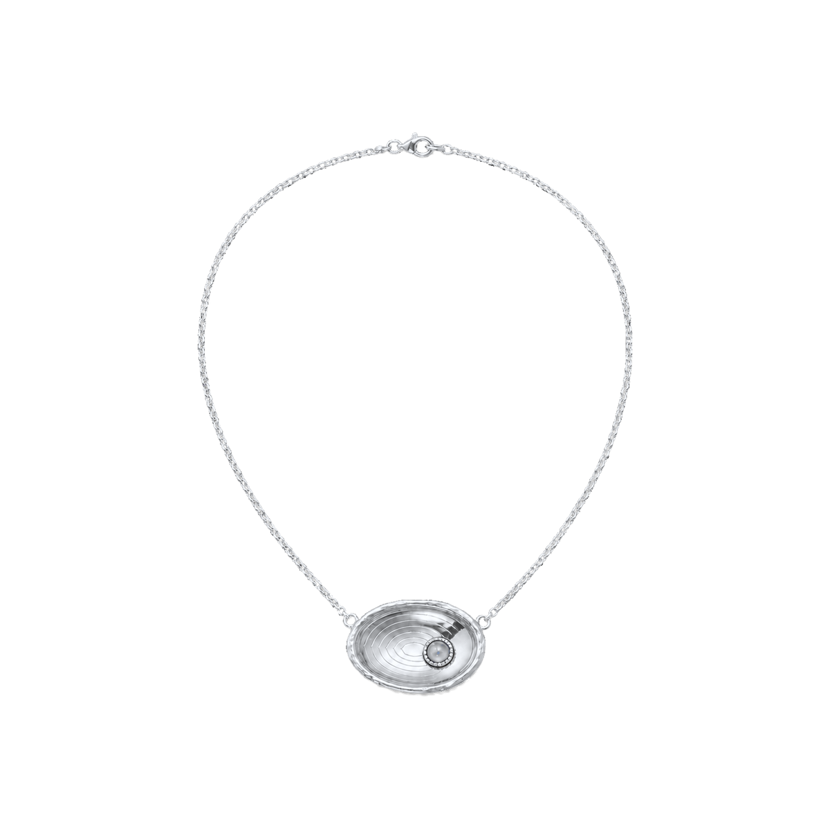 Silver Eternal Well Necklace with concave oval medallion and pale blue stone