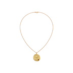 Gold Found Saint Necklace with abstract halo medallion and garnet