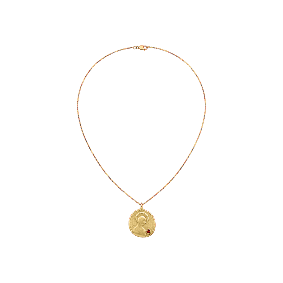 Gold Found Saint Necklace with abstract halo medallion and garnet