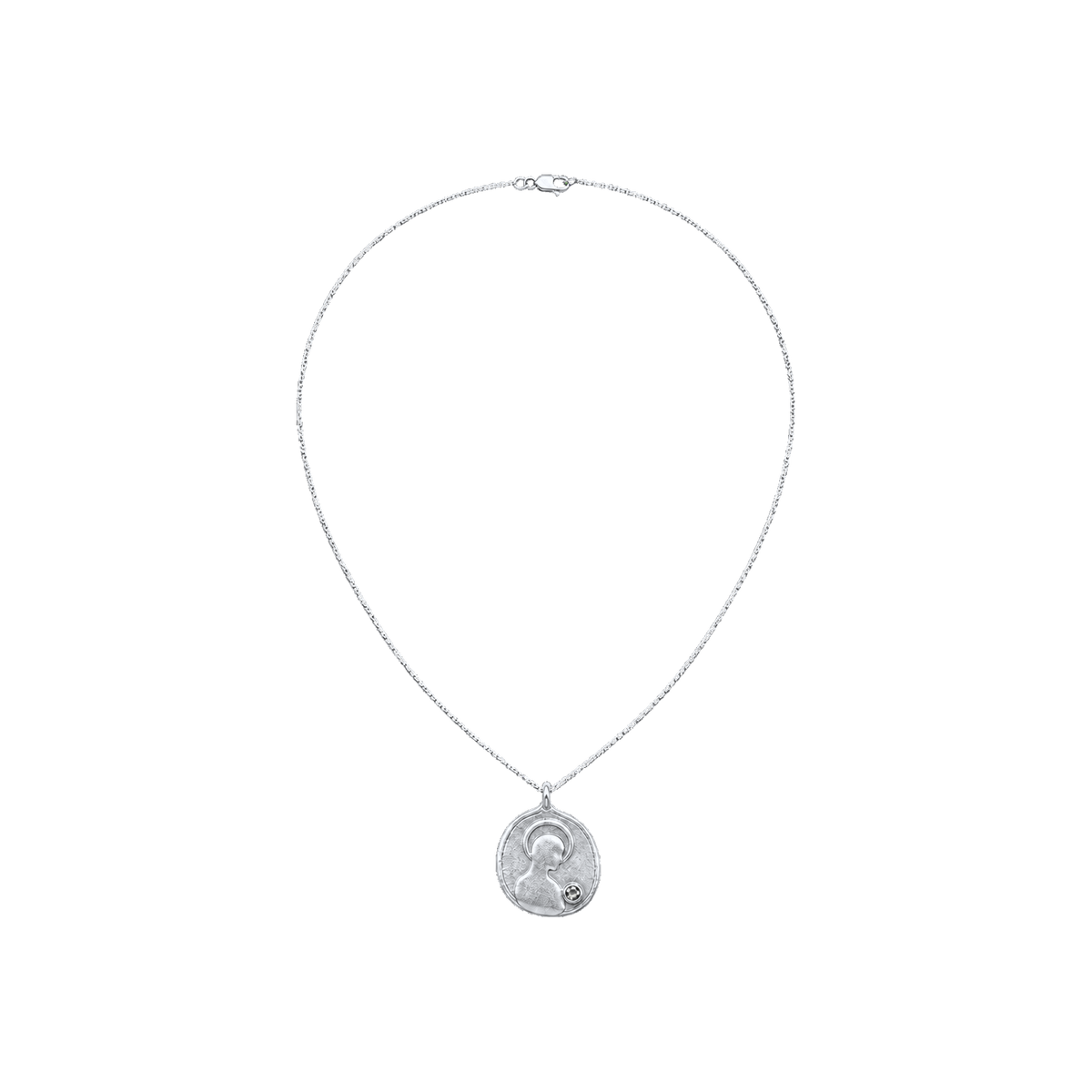Silver Found Saint Necklace with abstract halo medallion and garnet