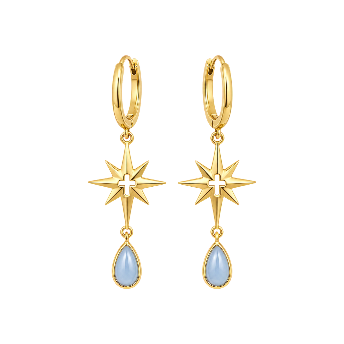Pair of Gold Marian Star Drop Earrings with blue teardrops