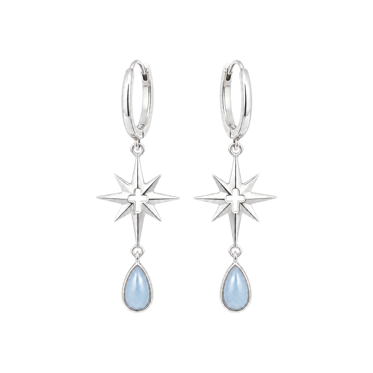 Pair of Silver Marian Star Drop Earrings with blue teardrops