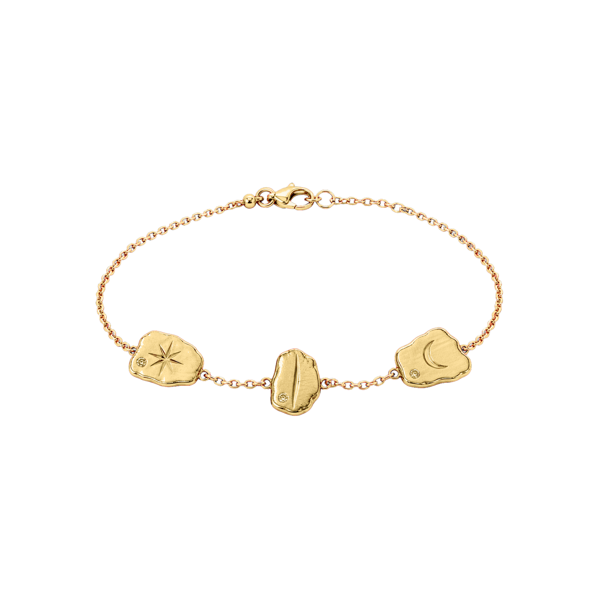 Gold Oracle Fragment Bracelet with three engraved tablet charms