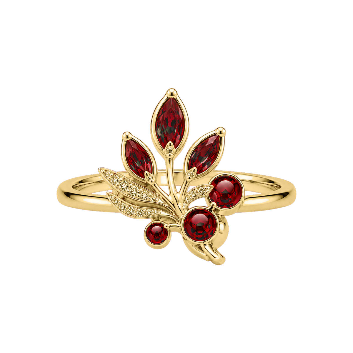 Gold Orchard Reliquary Ring with red jeweled branch