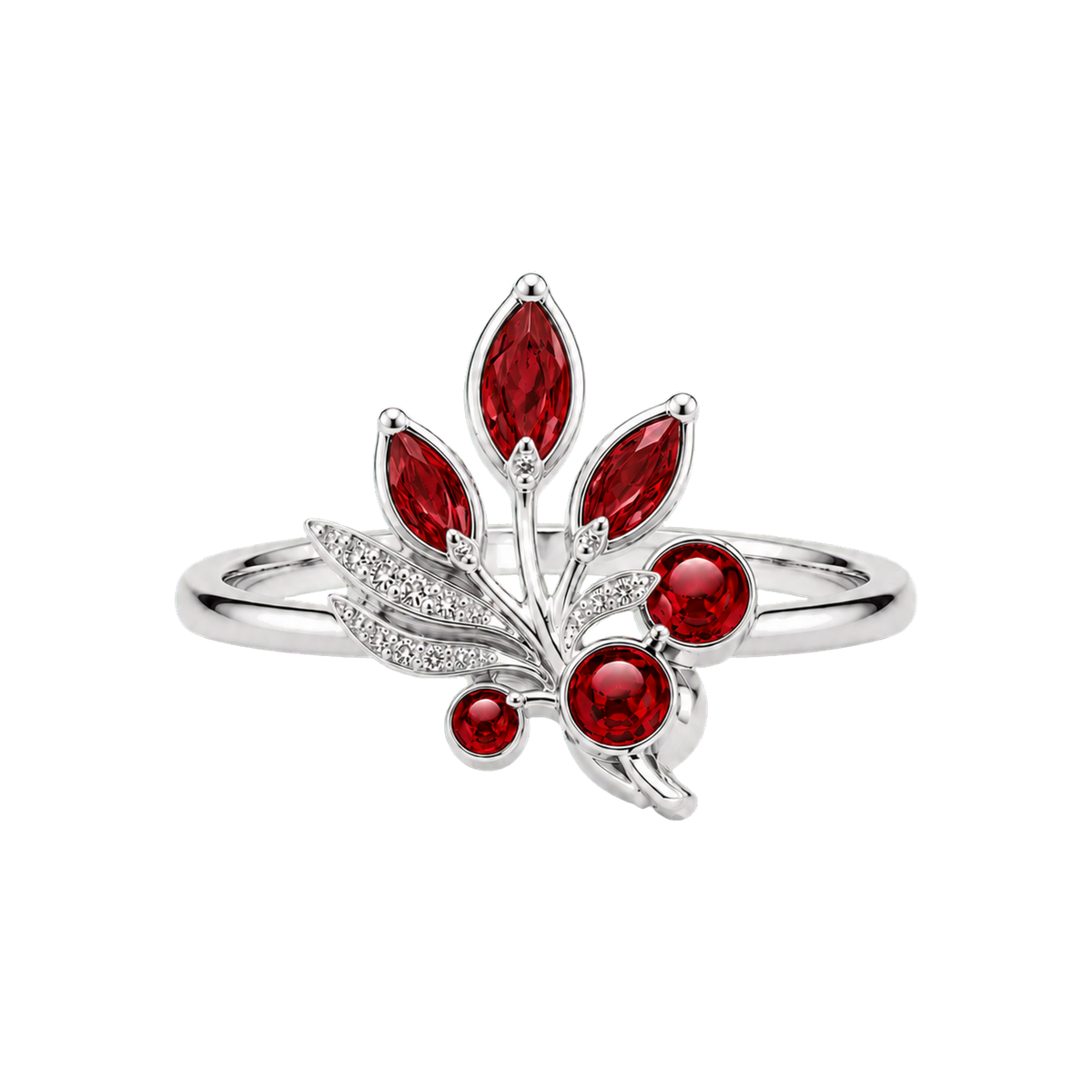 Silver Orchard Reliquary Ring with red rubies and colorless diamonds