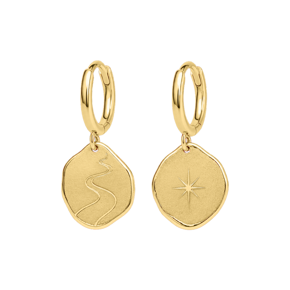 Gold Pilgrim Coin Hoops with irregular engraved charms