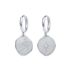 Silver Pilgrim Coin Hoops with irregular engraved charms