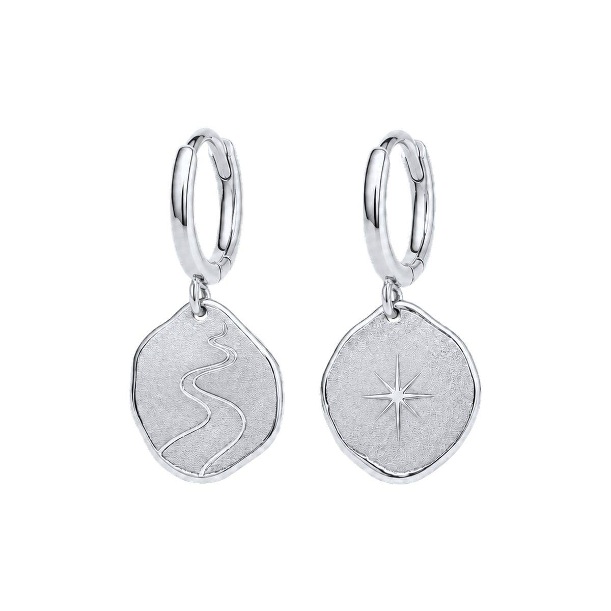 Silver Pilgrim Coin Hoops with irregular engraved charms