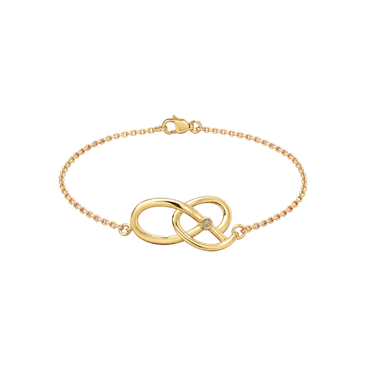 Gold Pilgrim Knot Bracelet with irregular double-loop centerpiece and pale sapphire
