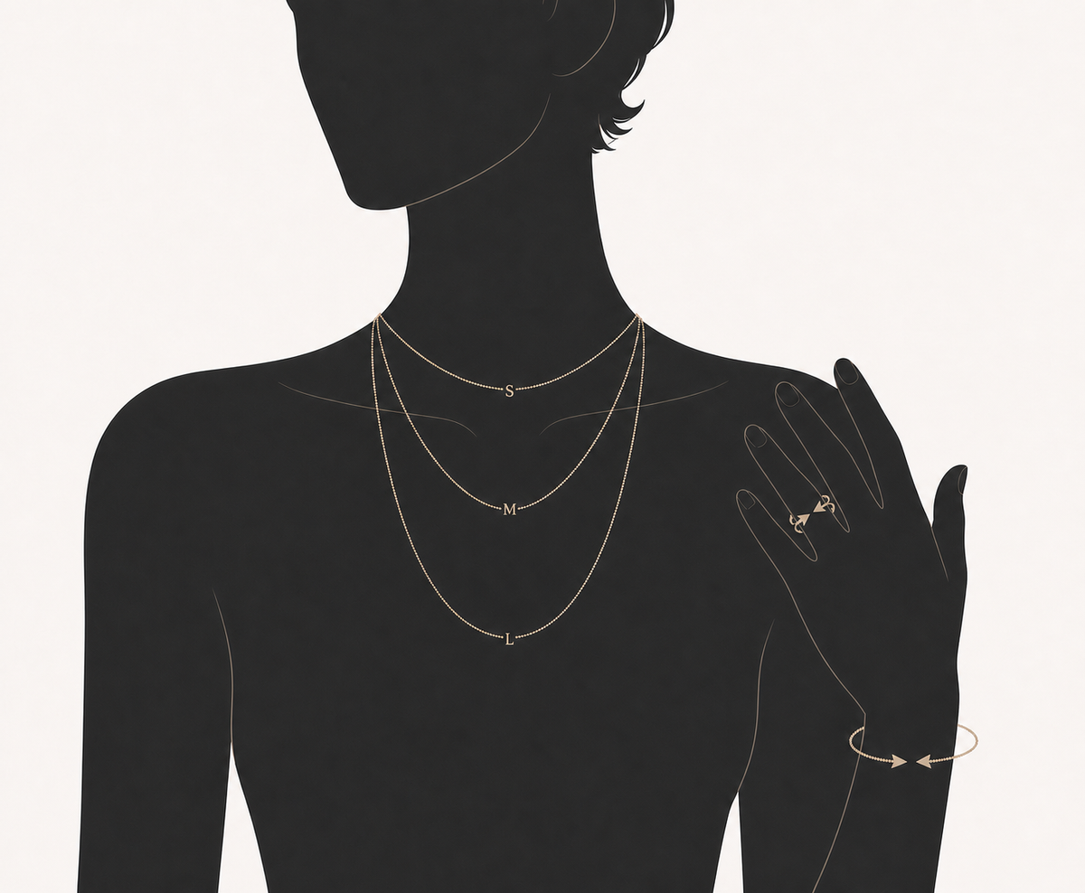 Jewelry sizing illustration showing small, medium, and large necklace lengths with wrist and finger measurement guides