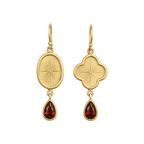 Gold Reliquary Drop Earrings with mismatched medallions and garnet drops