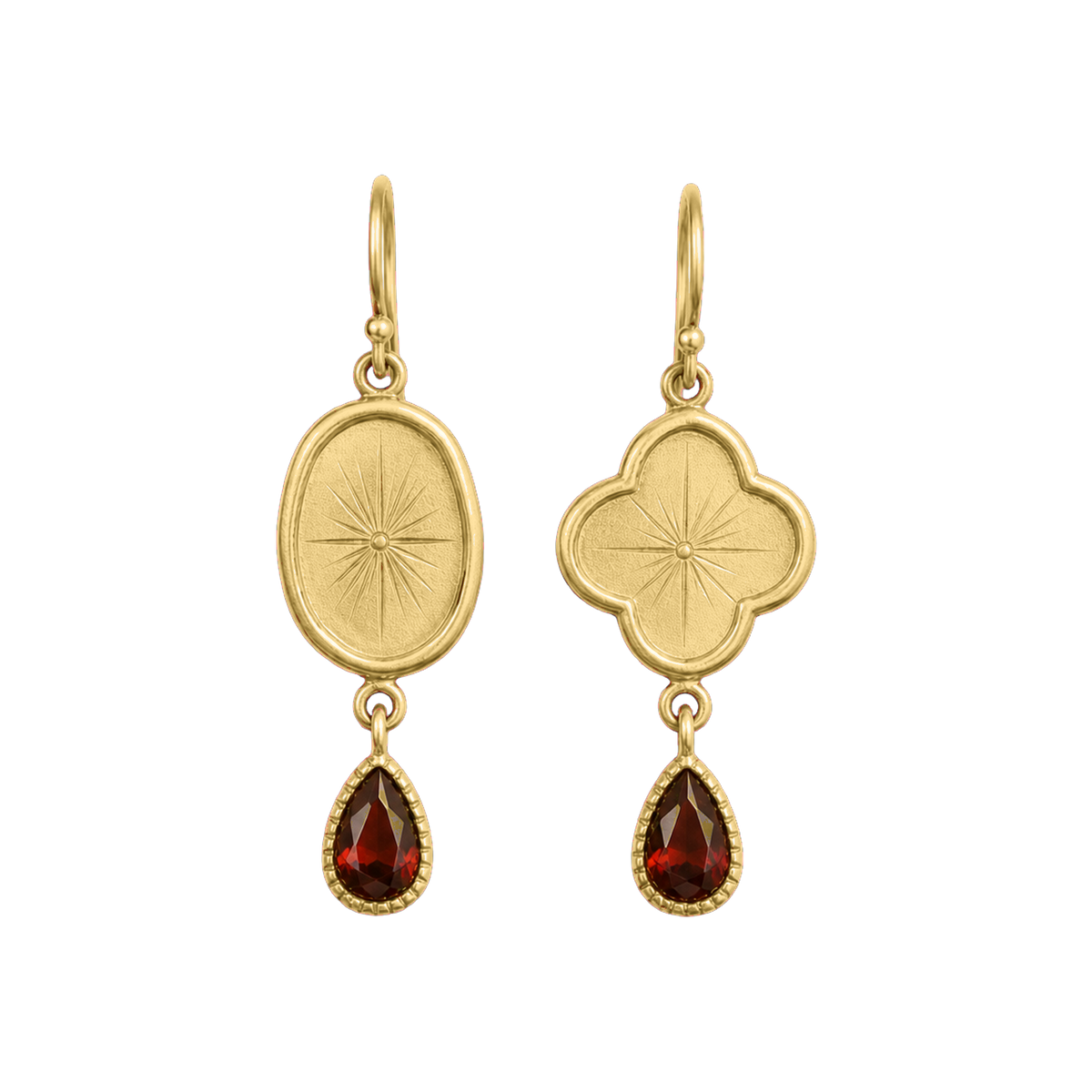 Gold Reliquary Drop Earrings with mismatched medallions and garnet drops