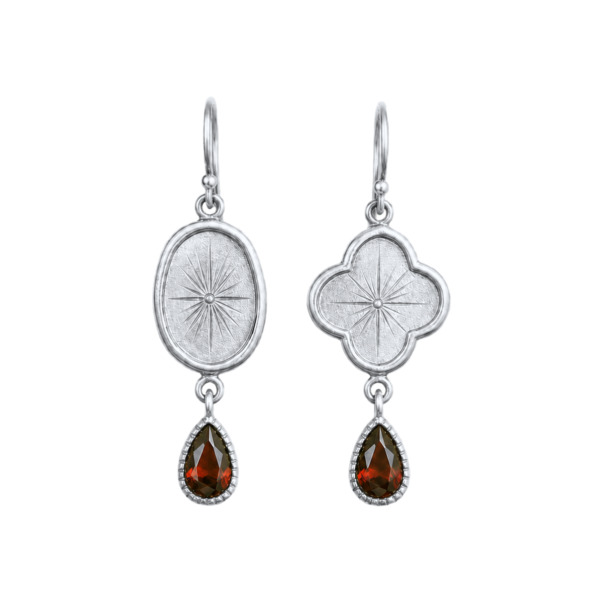 Silver Reliquary Drop Earrings with mismatched medallions and garnet drops
