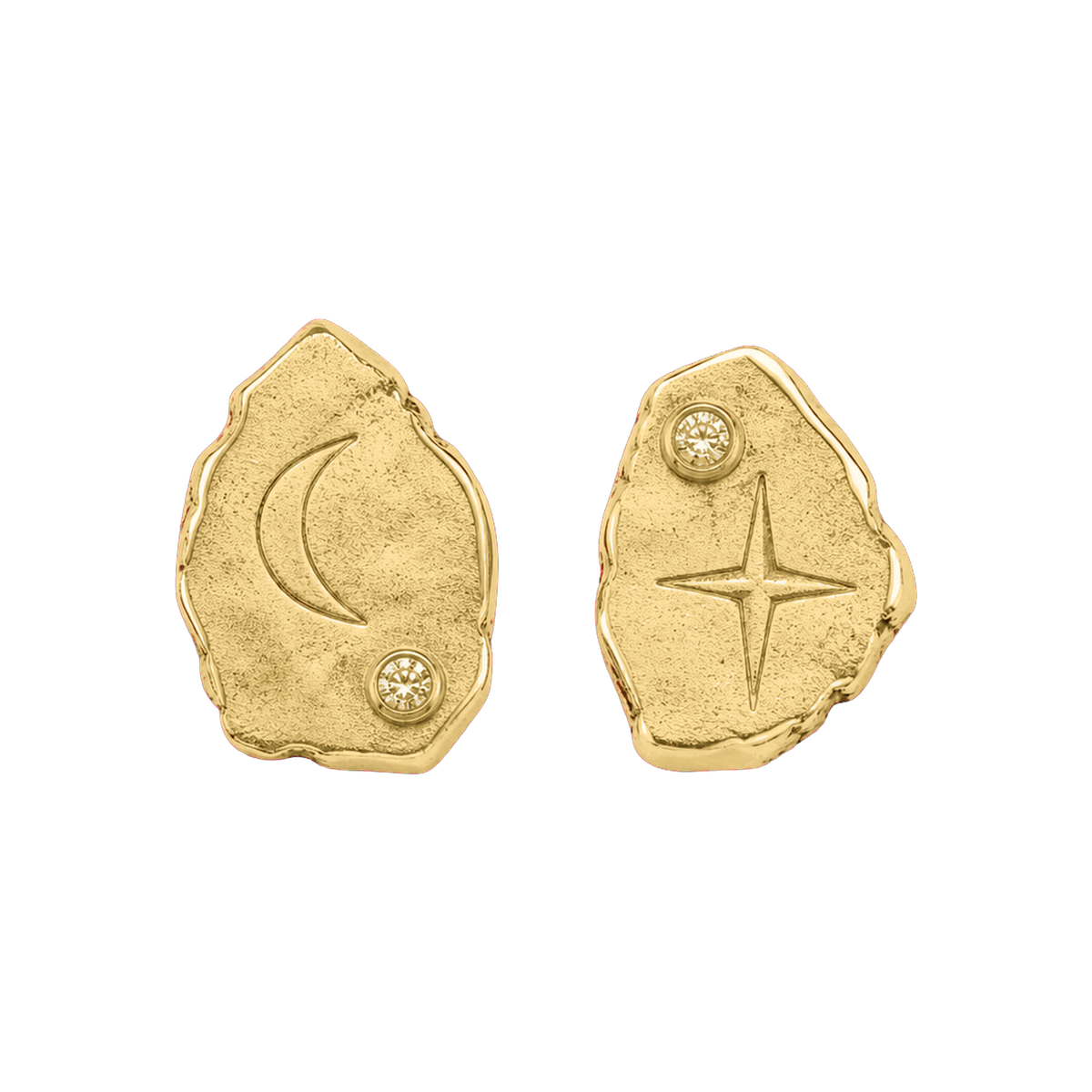 Gold Sacred Fragment Stud Earrings with irregular tablet forms and clear stones