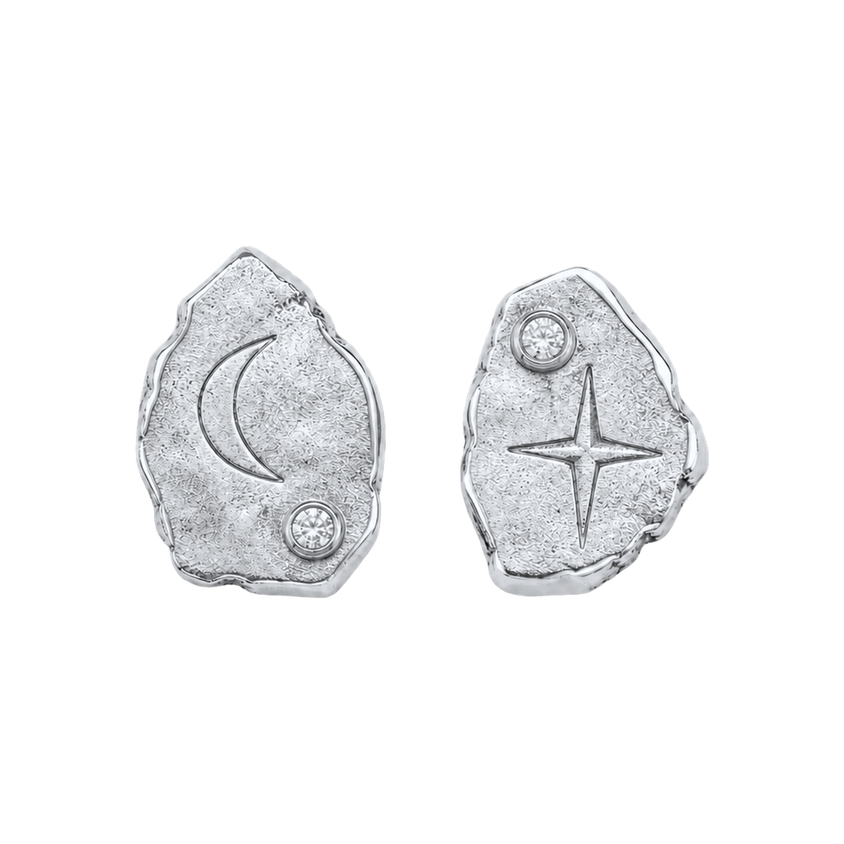 Silver Sacred Fragment Stud Earrings with irregular tablet forms and clear stones