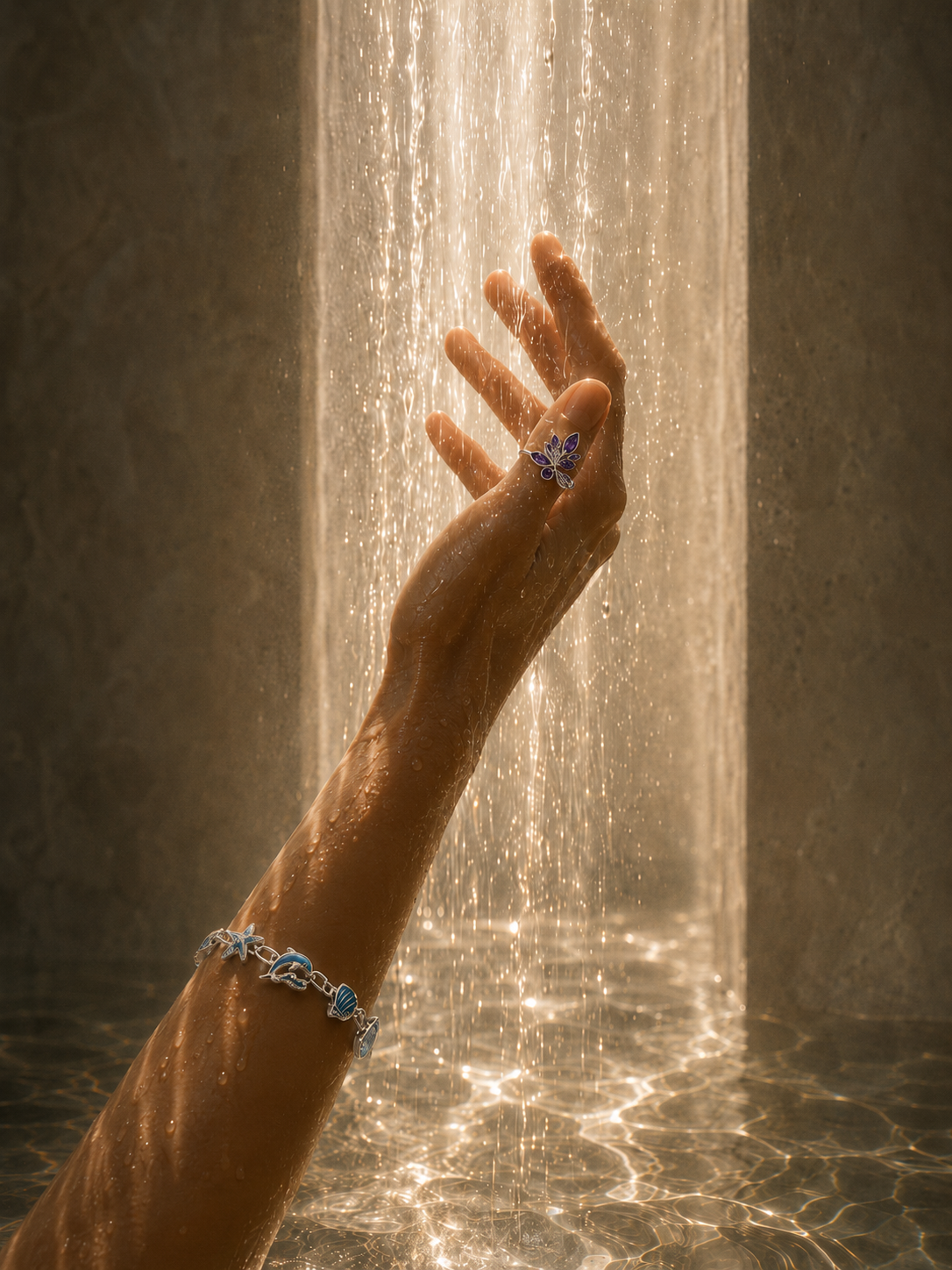 Sacred Pool Bracelet raised into a warm shaft of light