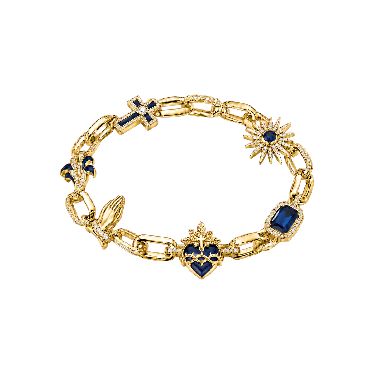Gold Sacred Reliquary Bracelet with devotional blue charms