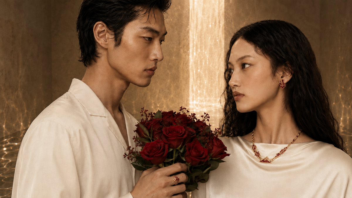 Couple wearing Relic jewellery beside water with deep red flowers