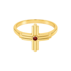 Gold Threefold Cross Ring with stepped Trinity rails and garnet