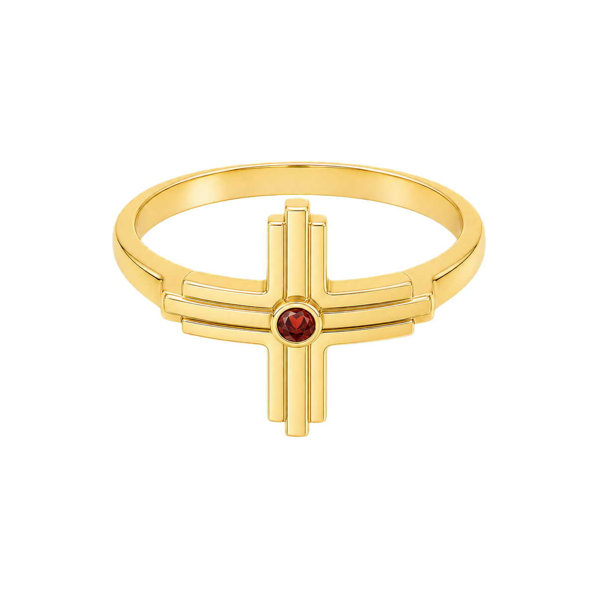 Gold Threefold Cross Ring with stepped Trinity rails and garnet