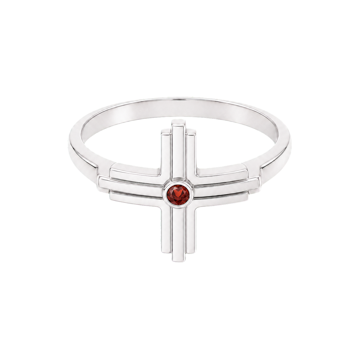 Silver Threefold Cross Ring with stepped Trinity rails and garnet